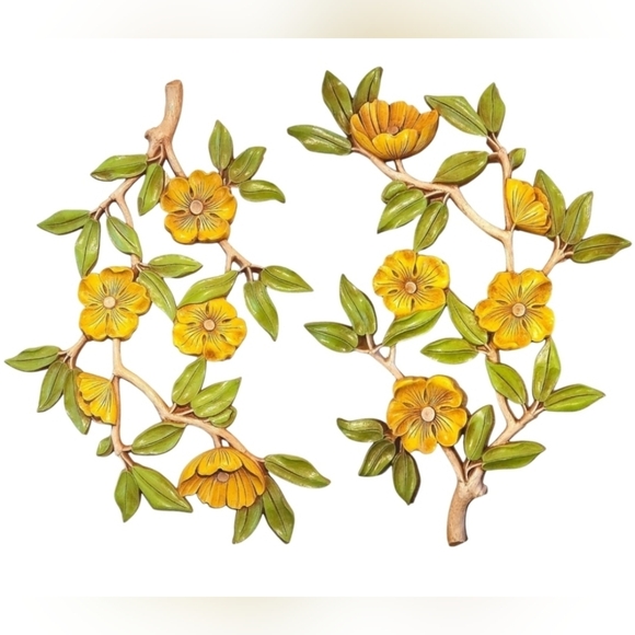 2 Large Vintage dart Syroco yellow and green cherry blossom wall décor - Picture 1 of 8